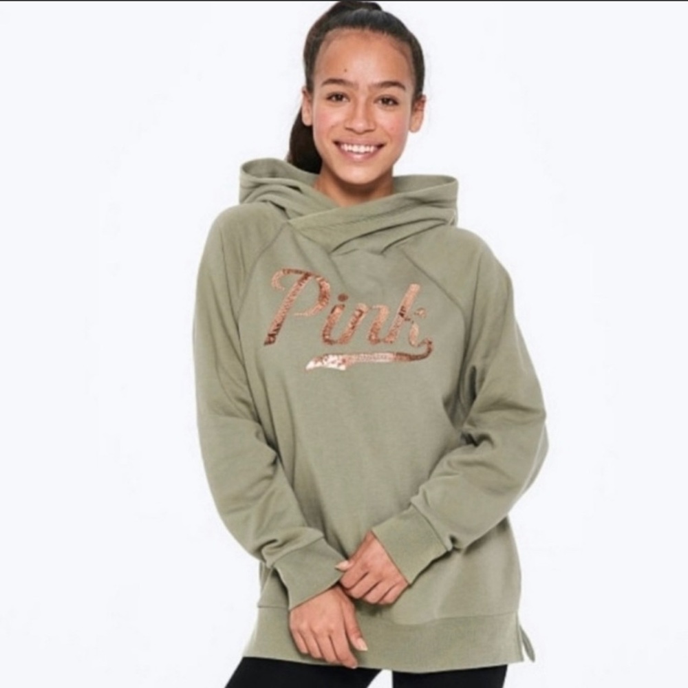 Victoria secret PINK Bling Olive/Rose Gold Hooded sweatshirt Sz L